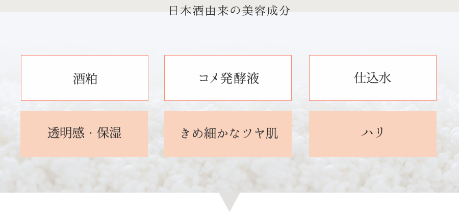 日本酒由来の配合成分　「酒粕/透明感・保湿」「コメ発酵液/きめ細かなツヤ肌」「仕込水/ハリ」